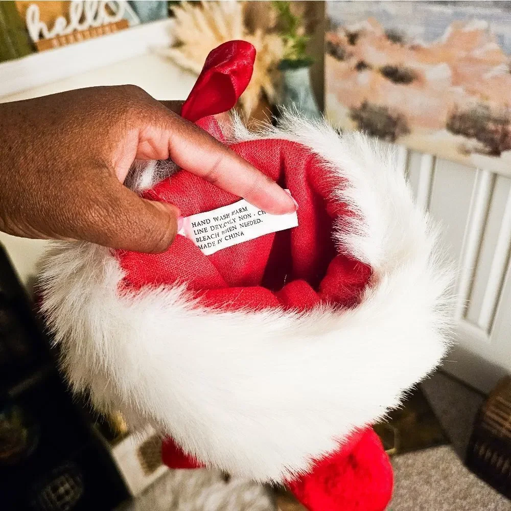 Set Of 2 Retro Fuzzy Cloth Red & White Christmas Holiday Stocking.